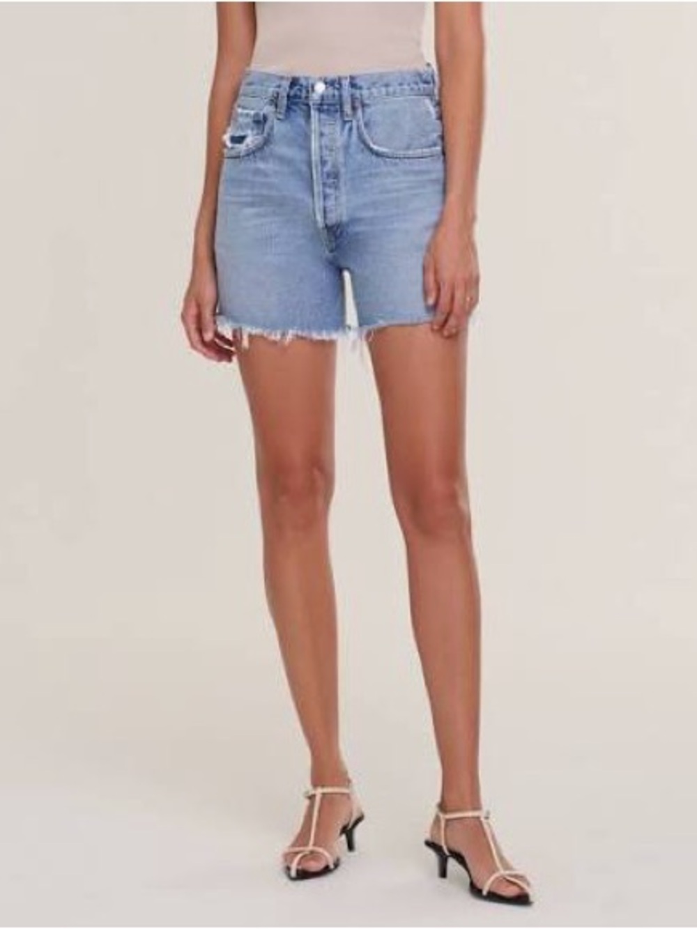 AGOLDE Light Blue High-Rise Frayed Hem Denim Shorts